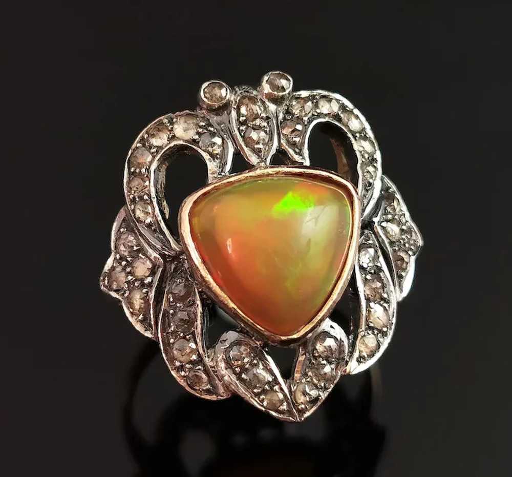 Antique Opal and Rose cut diamond ring, 9k gold a… - image 4