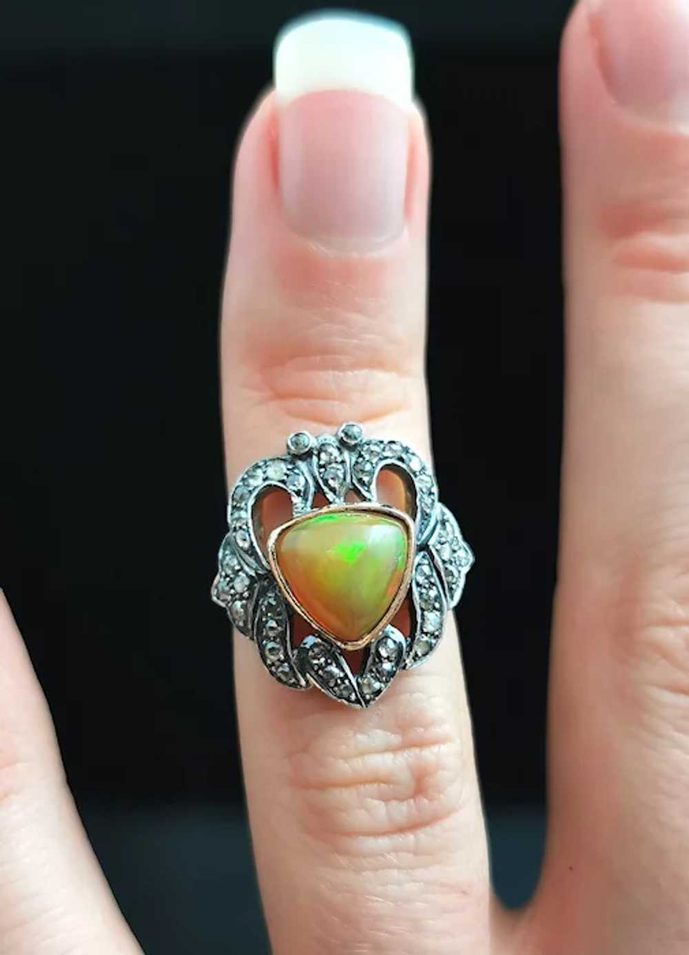 Antique Opal and Rose cut diamond ring, 9k gold a… - image 8