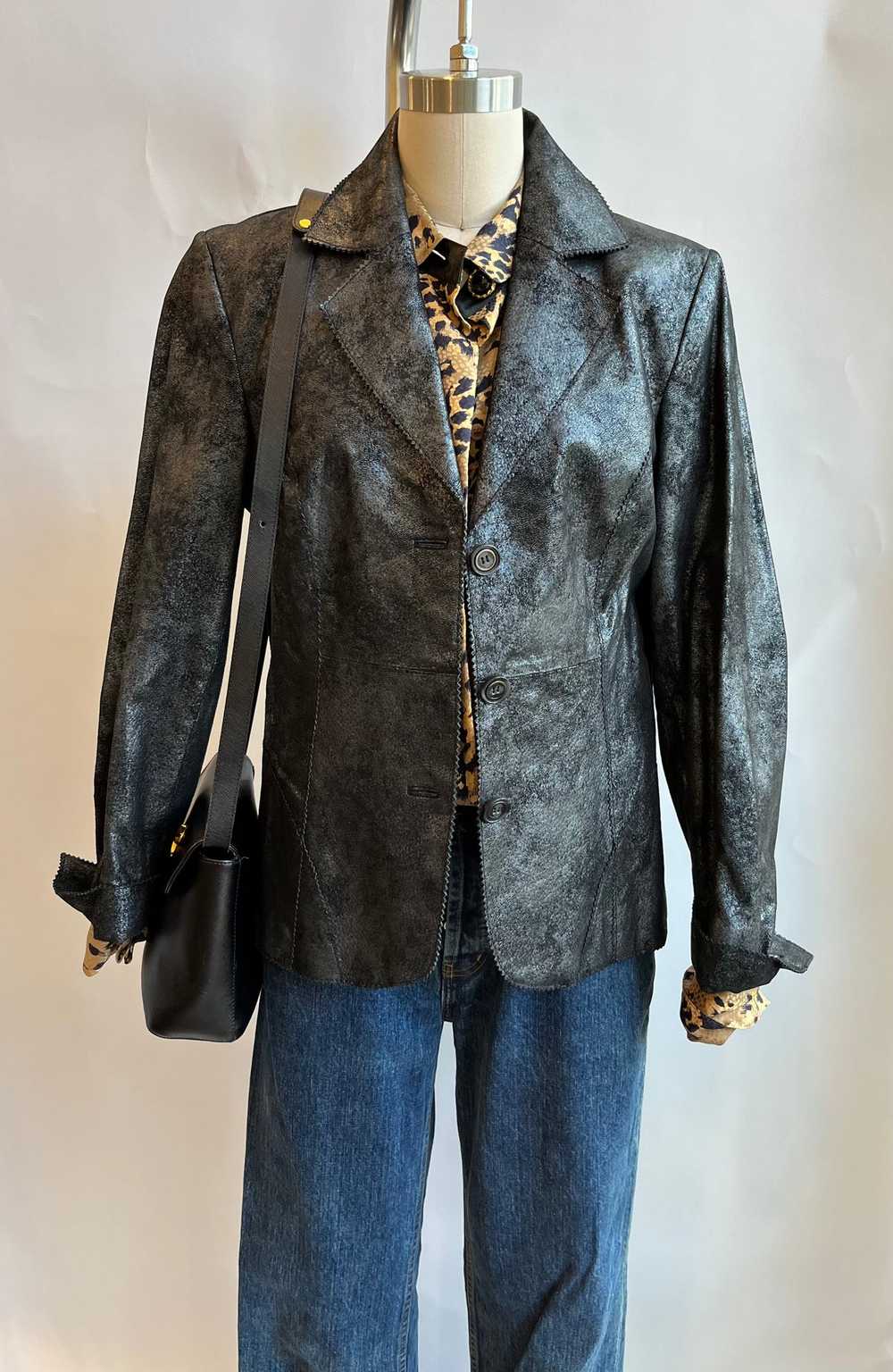 Black Metallic Leather Blazer Jacket - M - image 1
