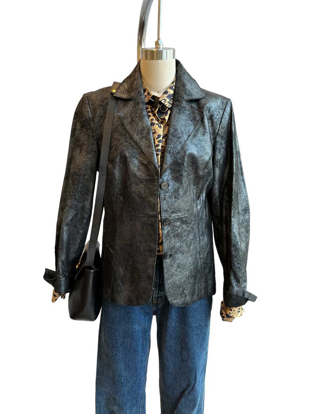 Black Metallic Leather Blazer Jacket - M - image 3
