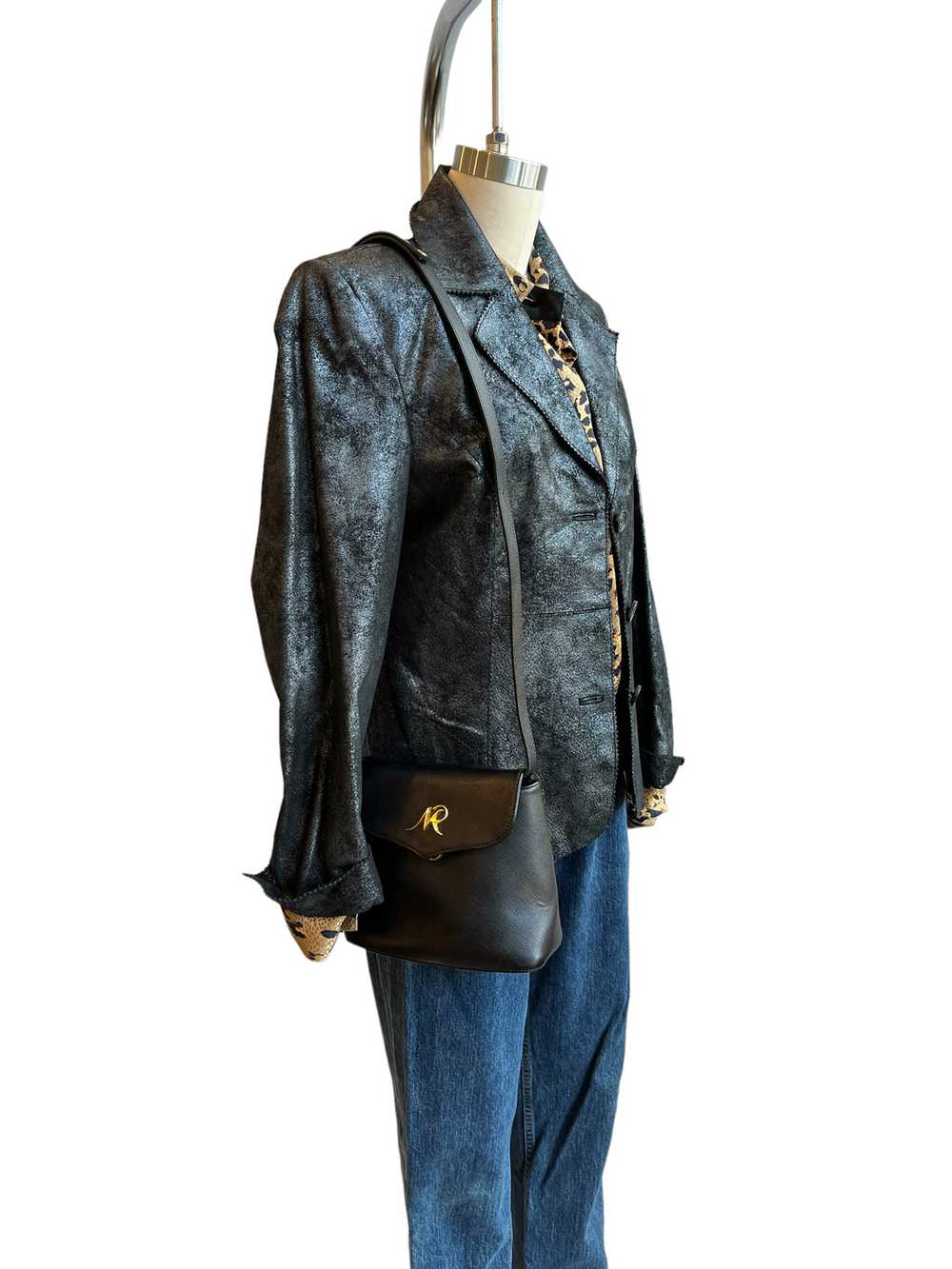 Black Metallic Leather Blazer Jacket - M - image 4