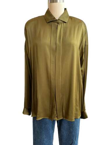 Vintage Olive Green Sheen Silk Oversize Blouse Top