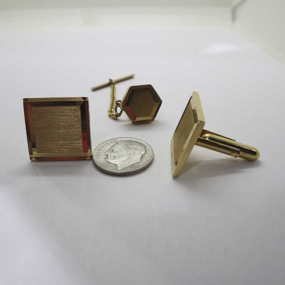 Square Gold tone Cufflinks and Tie tack - image 5