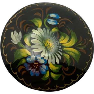 Hand Painted Russian Black Lacquer Floral Pin