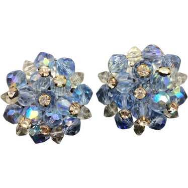 Blue Crystals Earrings Clip On Cluster with Rhine… - image 1
