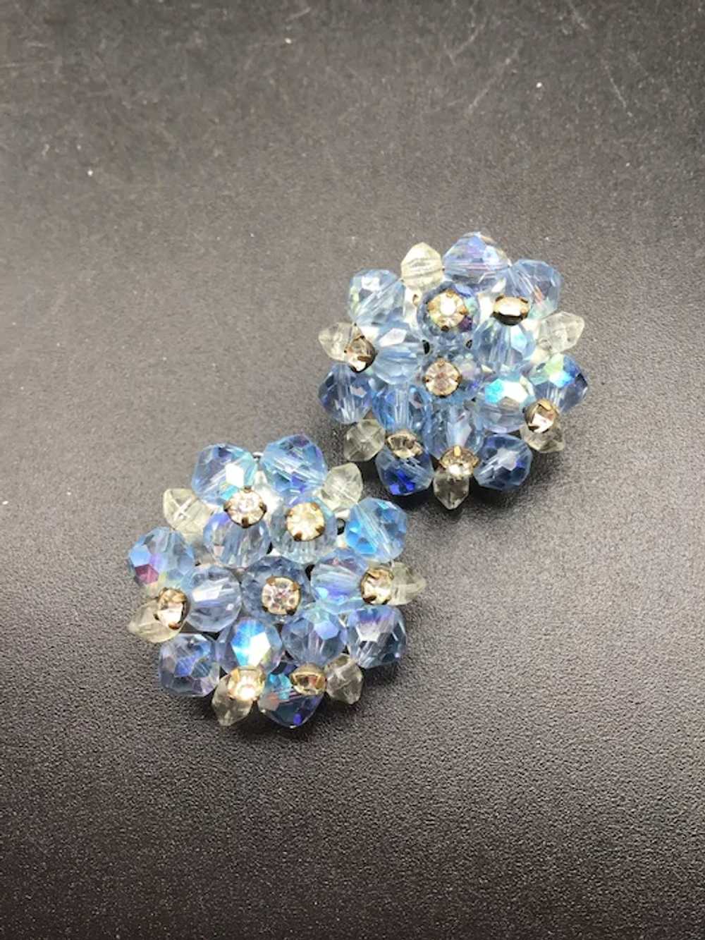 Blue Crystals Earrings Clip On Cluster with Rhine… - image 2