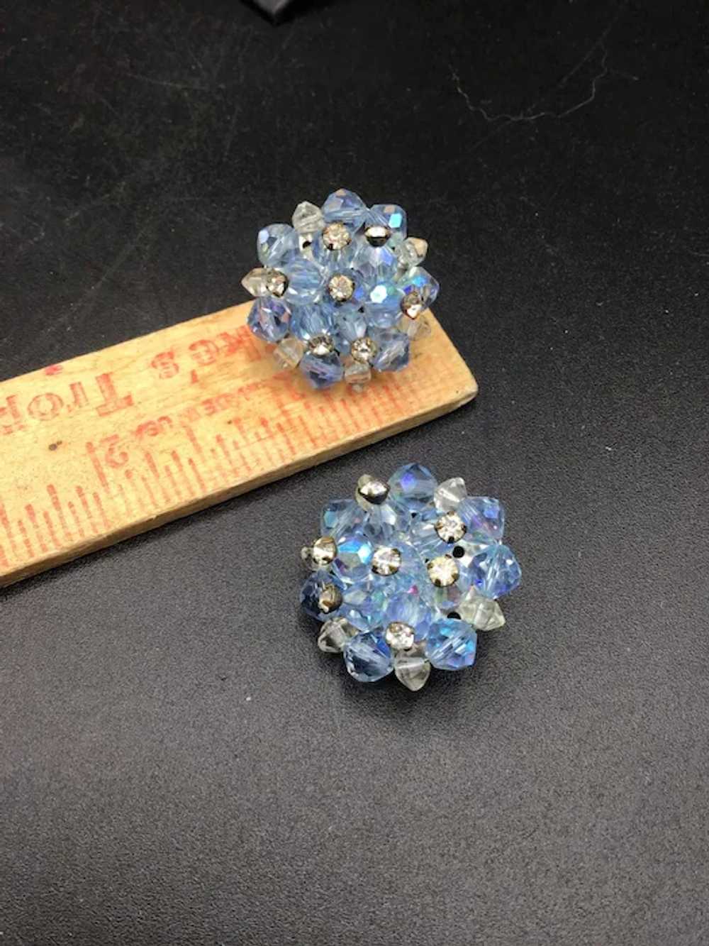 Blue Crystals Earrings Clip On Cluster with Rhine… - image 4