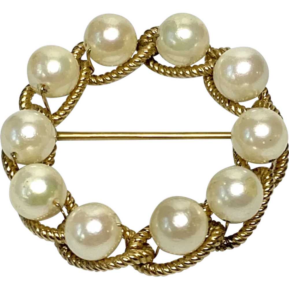 9 Karat Gold and Cultured Pearl Circle Pin - image 1