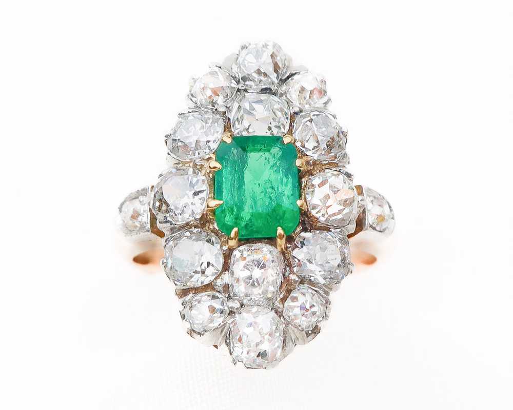 Edwardian Diamond & Emerald Navette Ring - image 1
