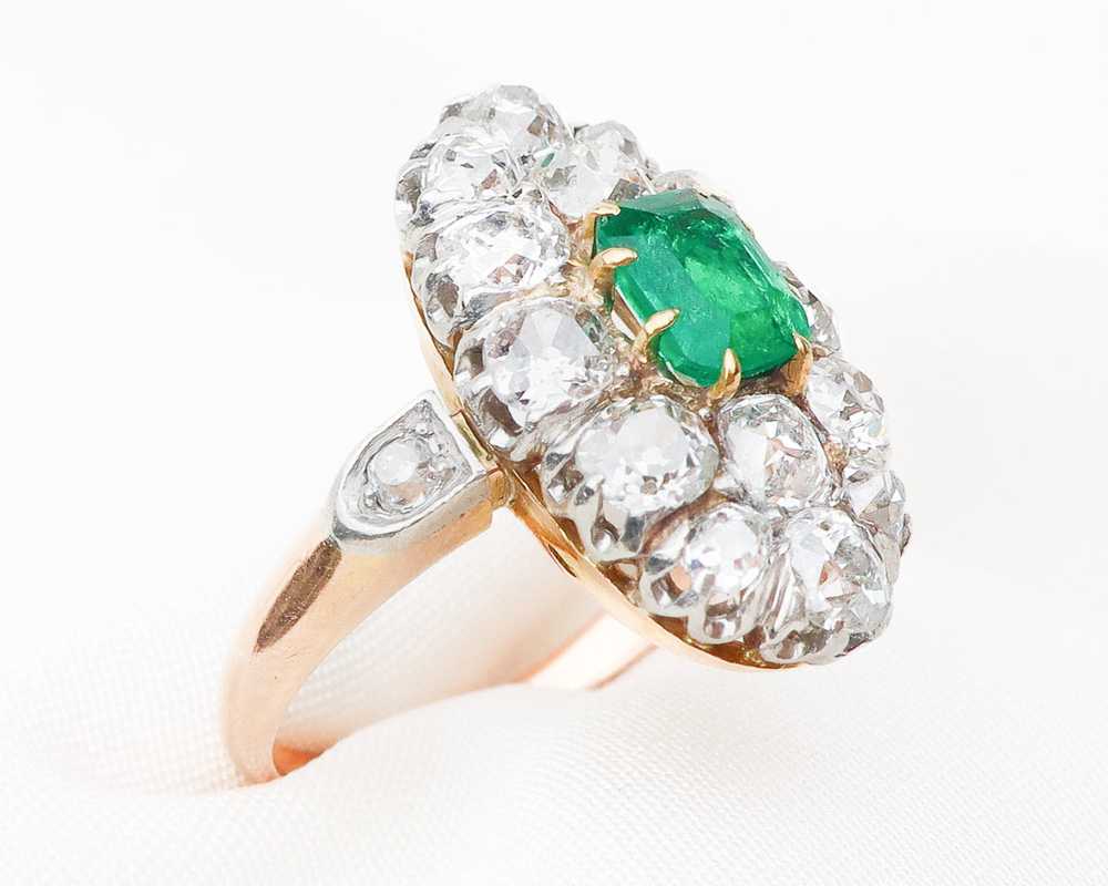 Edwardian Diamond & Emerald Navette Ring - image 2