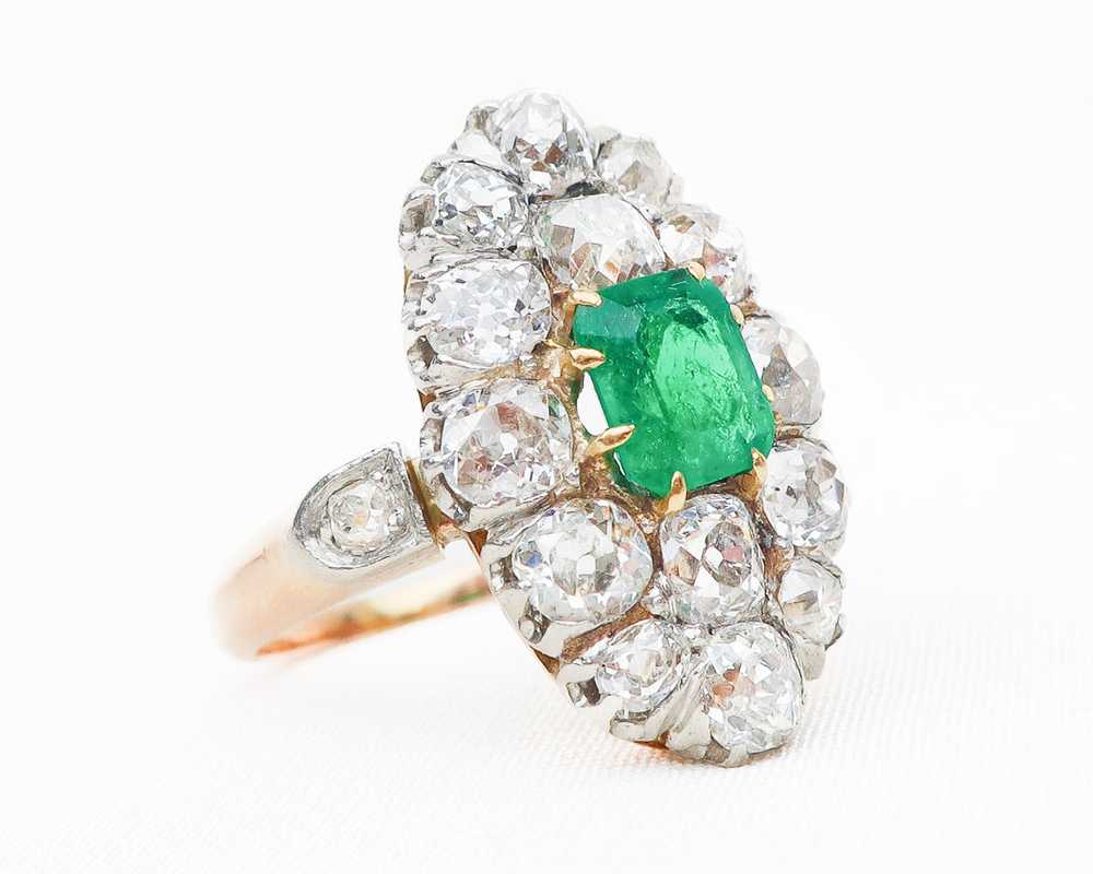 Edwardian Diamond & Emerald Navette Ring - image 3