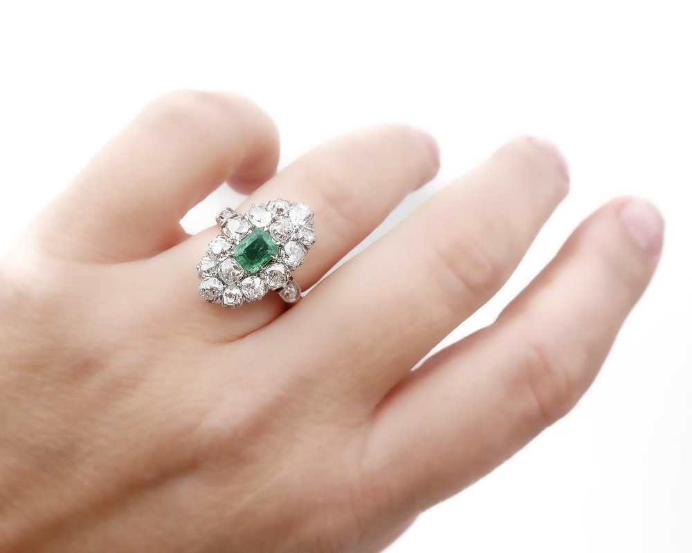 Edwardian Diamond & Emerald Navette Ring - image 5
