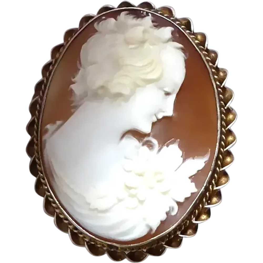 Carnelian Shell Cameo Pin Sterling Gold Wash Frame - image 1