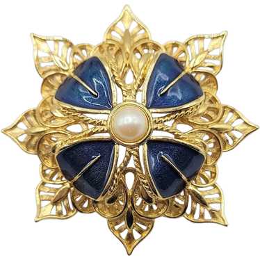 Monet Gold Tone Blue Enamel Pearl Filigree Maltes… - image 1