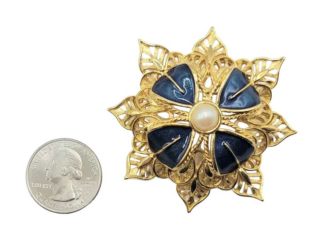 Monet Gold Tone Blue Enamel Pearl Filigree Maltes… - image 2