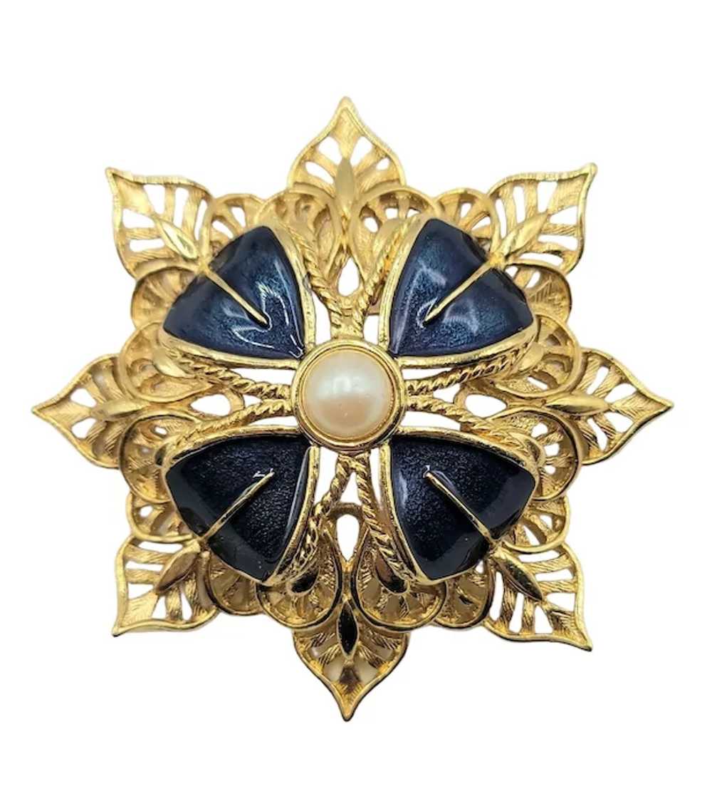 Monet Gold Tone Blue Enamel Pearl Filigree Maltes… - image 7