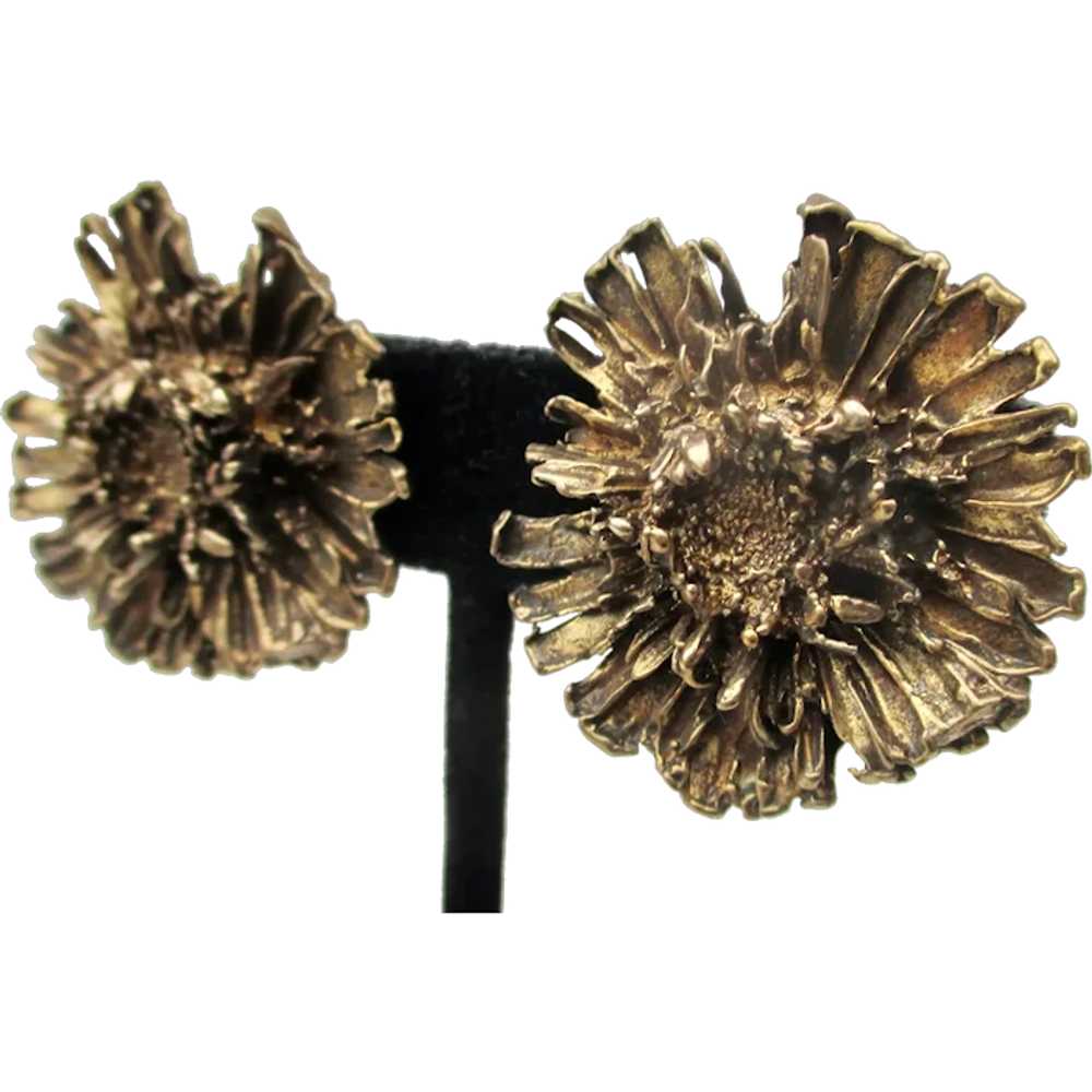 Gilt Sterling Floral Head Clip-on Earrings vintag… - image 1