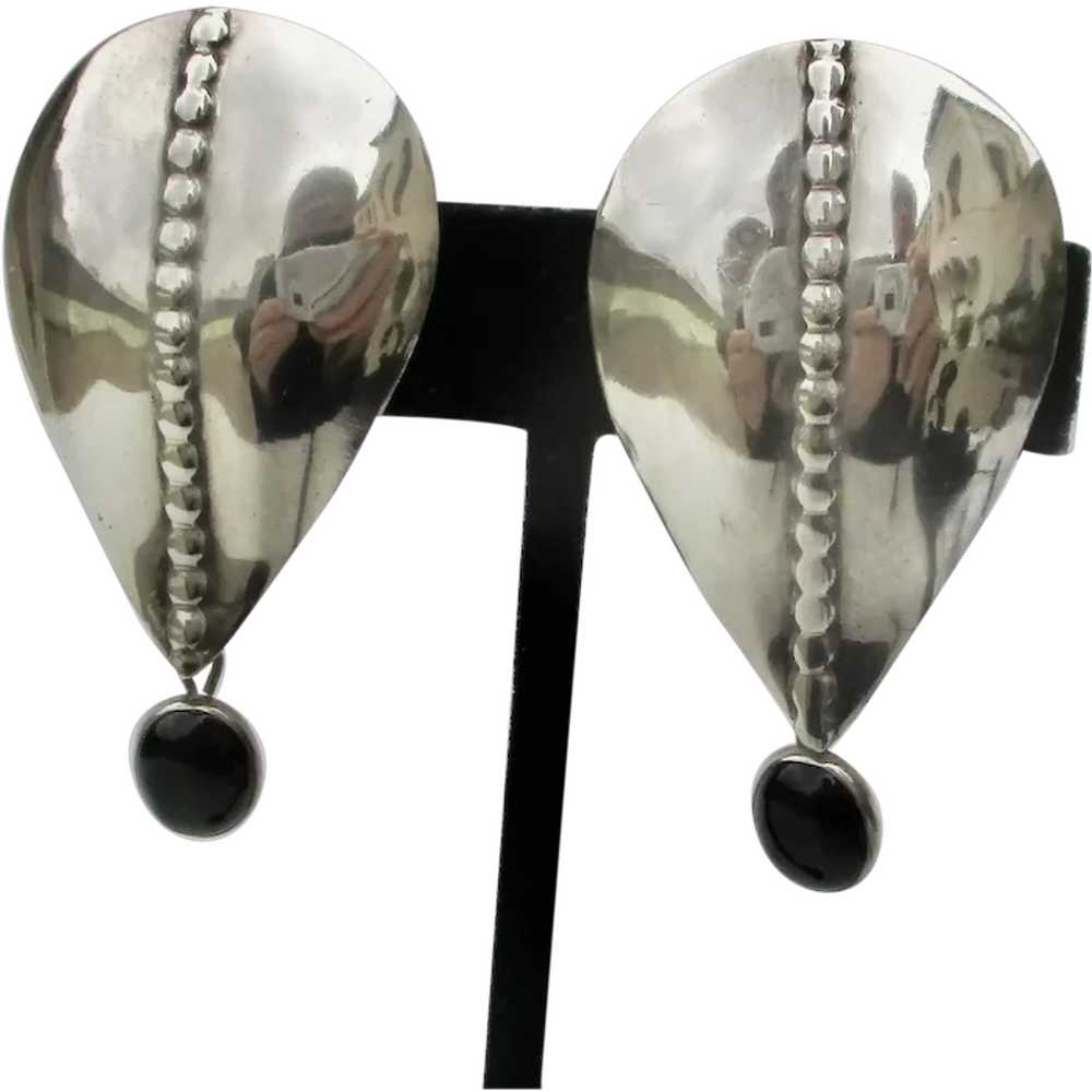 Modernist Sterling Silver  and Onyx Earrings with… - image 1