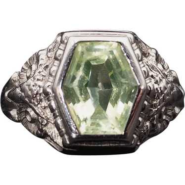 Antique Art Deco 14K & Prasiolite Ring On Owl Sha… - image 1