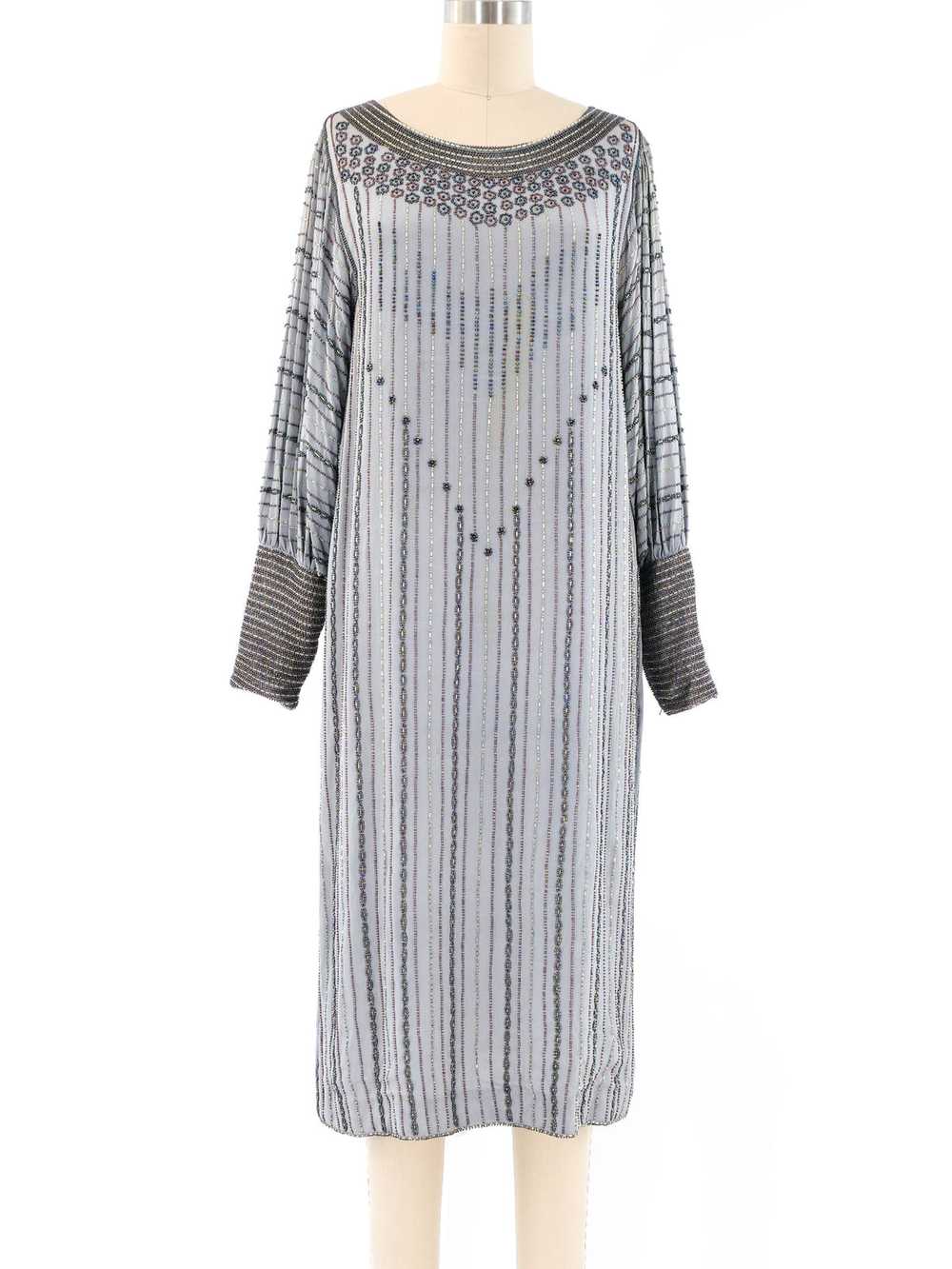 Grey Bead Embellished Striped Dress - image 1