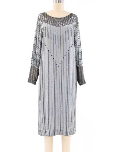 Grey Bead Embellished Striped Dress - image 1