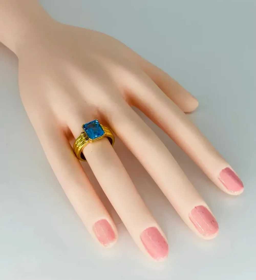 Vintage 3 Carat Blue Topaz Emerald Cut Ring 18k G… - image 2