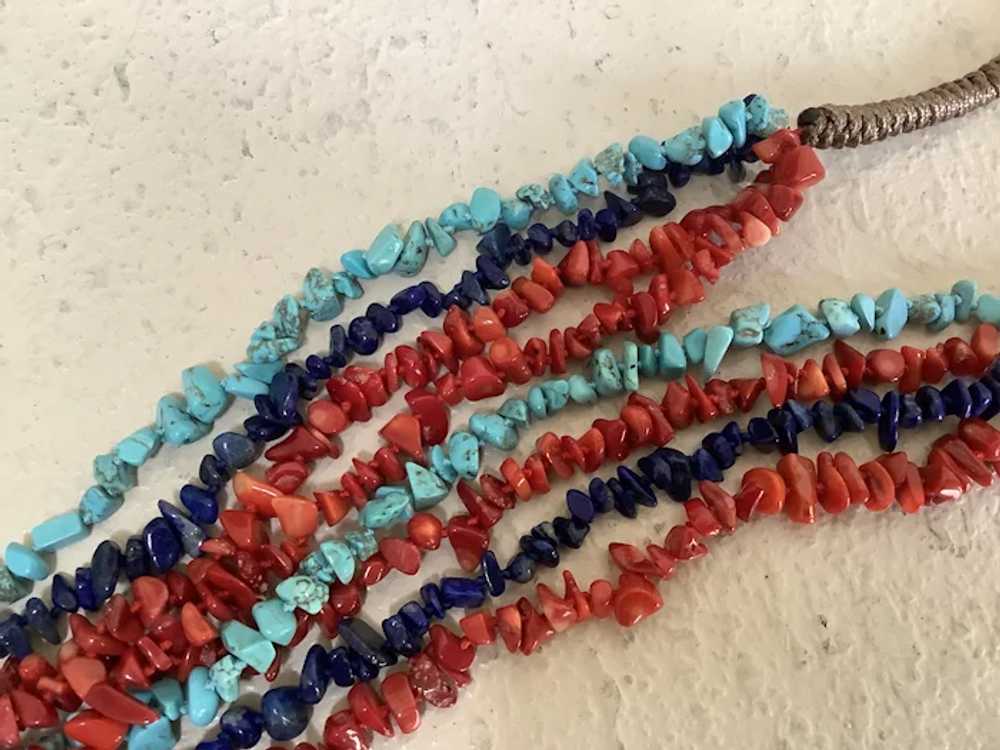 Four Strand Hand Knotted Turquoise, Coral and Lap… - image 2