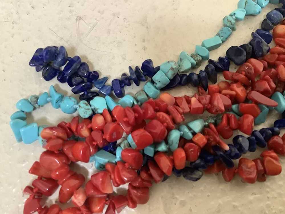 Four Strand Hand Knotted Turquoise, Coral and Lap… - image 3