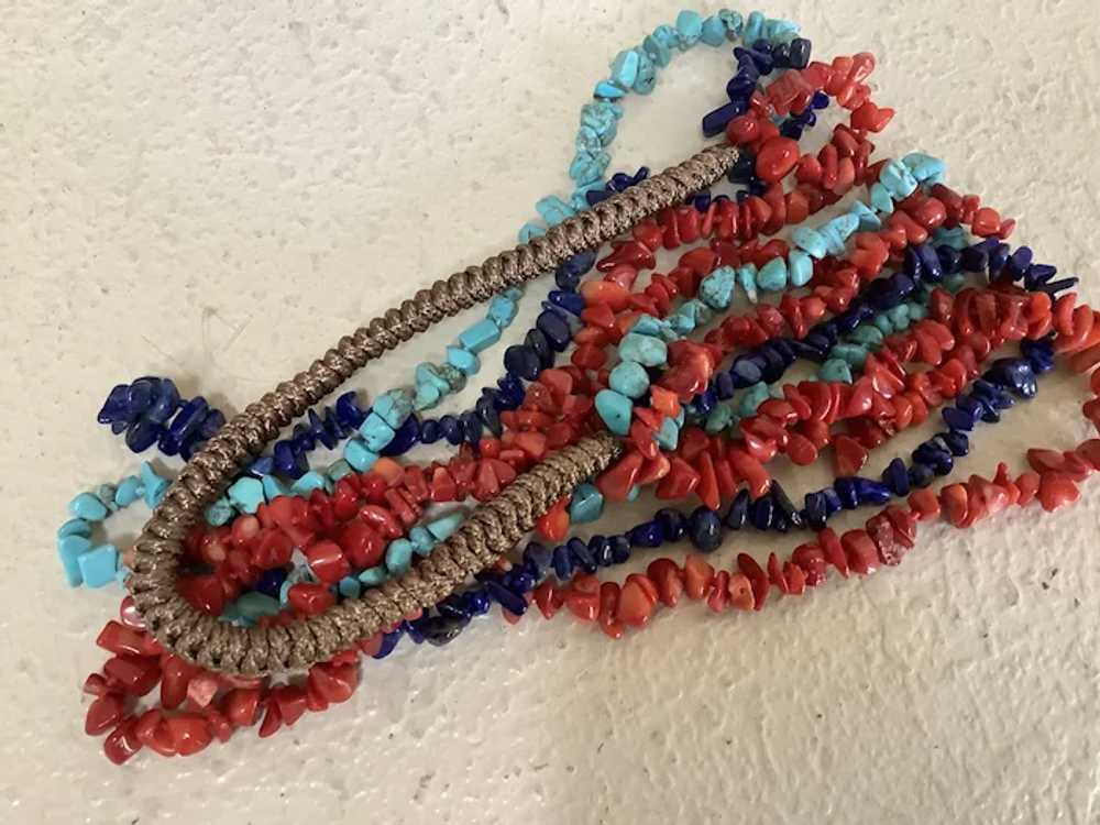 Four Strand Hand Knotted Turquoise, Coral and Lap… - image 7