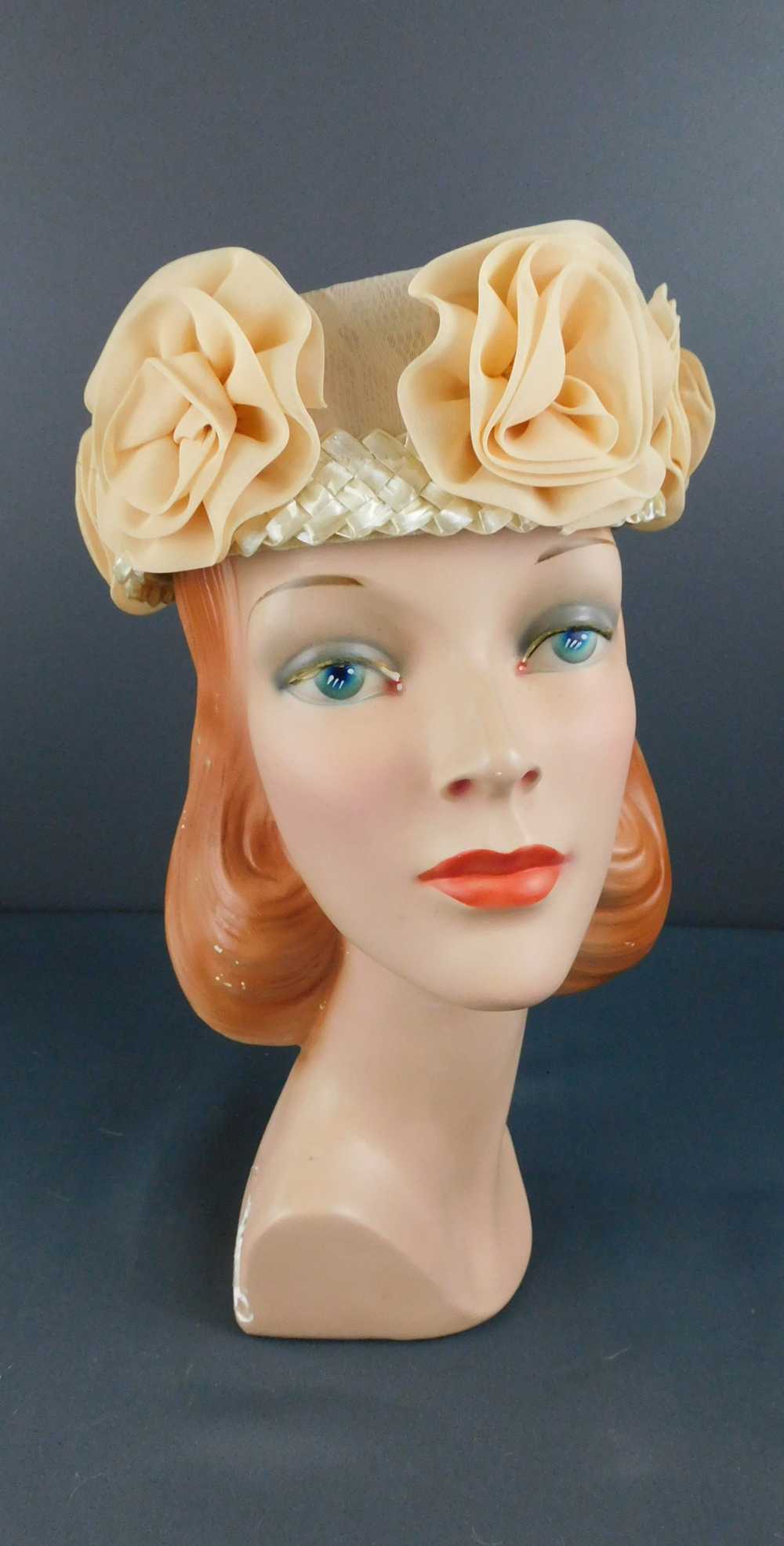 Vintage Pale Peach Chiffon Hat with Straw and Flo… - image 1