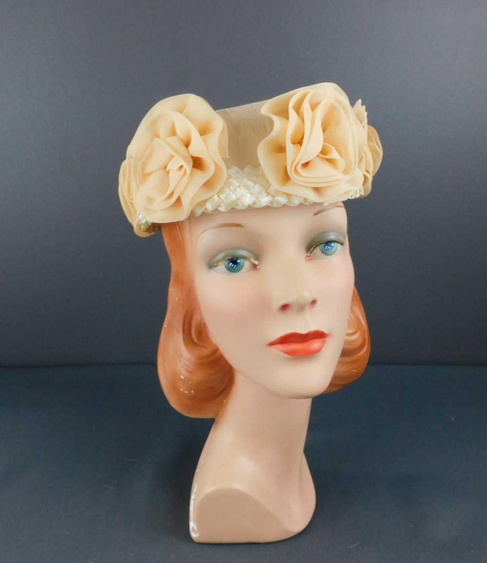 Vintage Pale Peach Chiffon Hat with Straw and Flo… - image 2