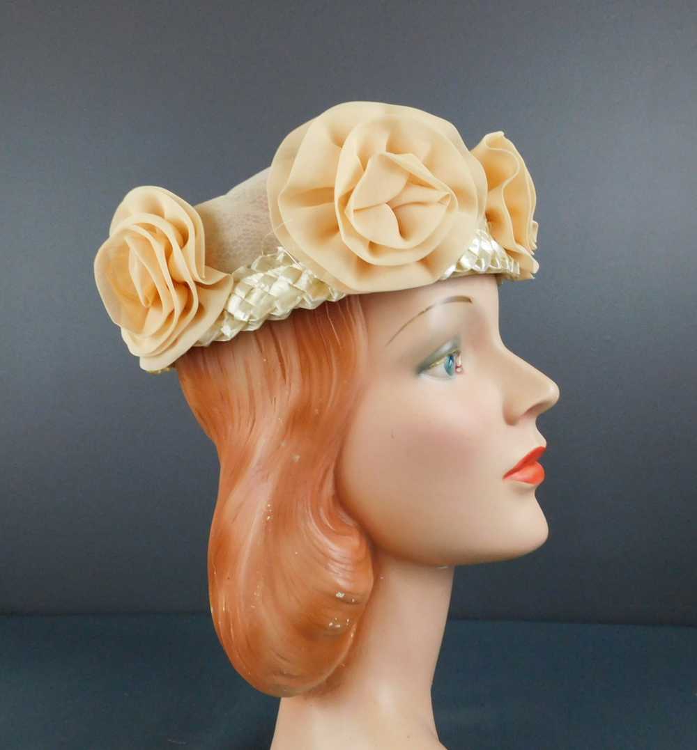 Vintage Pale Peach Chiffon Hat with Straw and Flo… - image 3