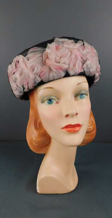 Vintage Pink Floral Black Straw Hat Covered in Tul