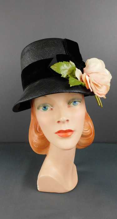 Vintage Black Straw Bucket Hat with Pink Flowers &