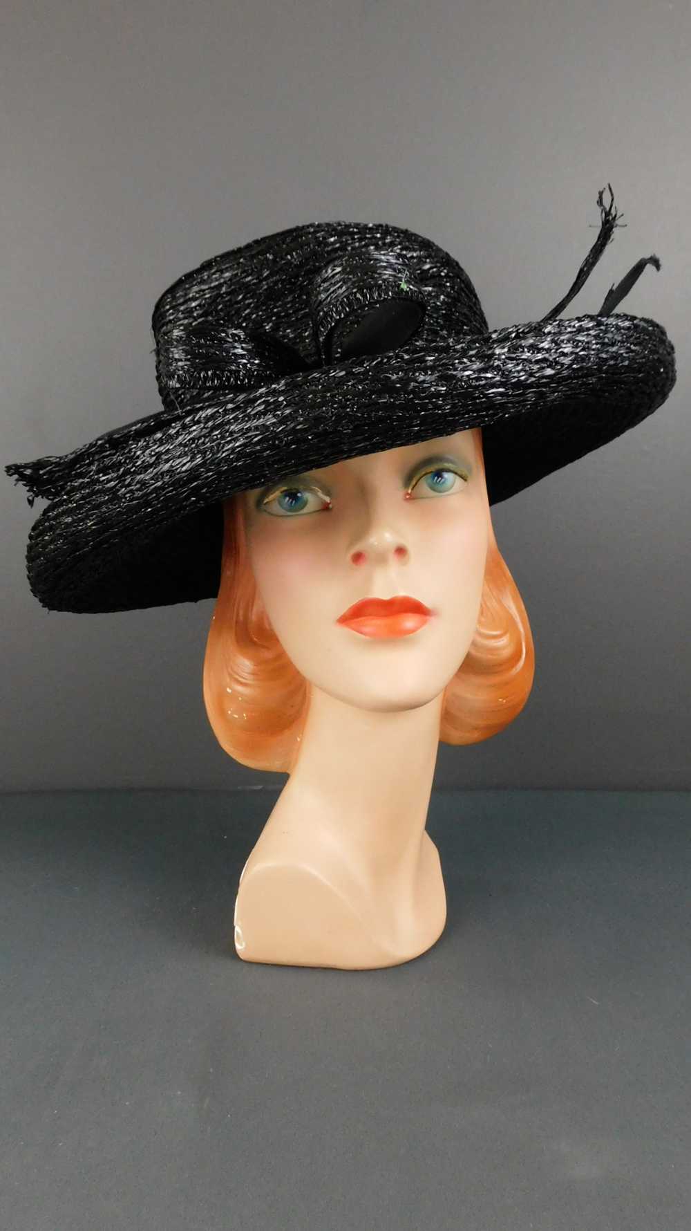 Vintage Wide Brim Black Straw Hat 1950s Parke Layne, … - Gem