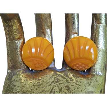 FABULOUS Bakelite Earrings,Pumpkin Orange Carved … - image 1