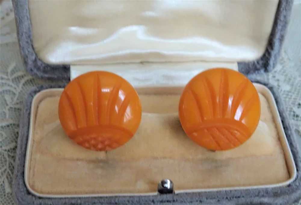 FABULOUS Bakelite Earrings,Pumpkin Orange Carved … - image 2