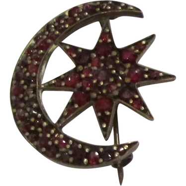 Vintage Garnet Crescent Moon & Star Pin