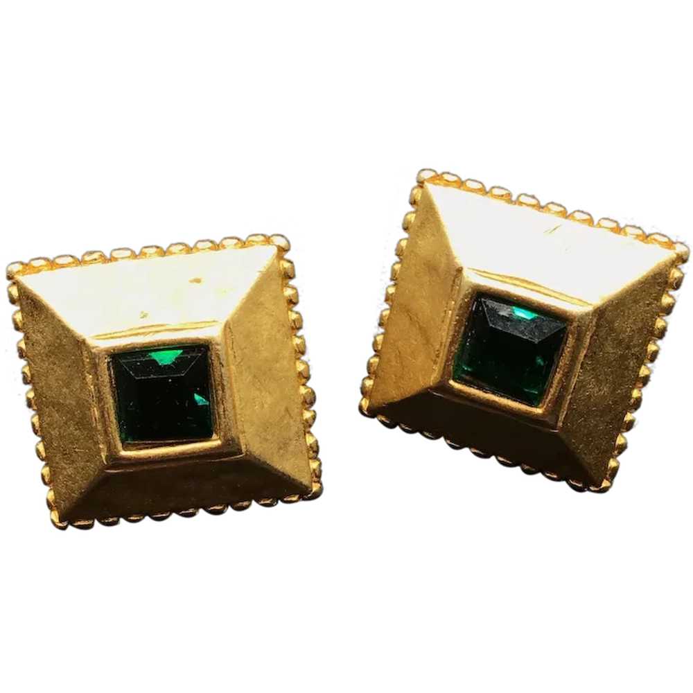 Vintage Gold & Emerald Rhinestones Stud Earrings … - image 1