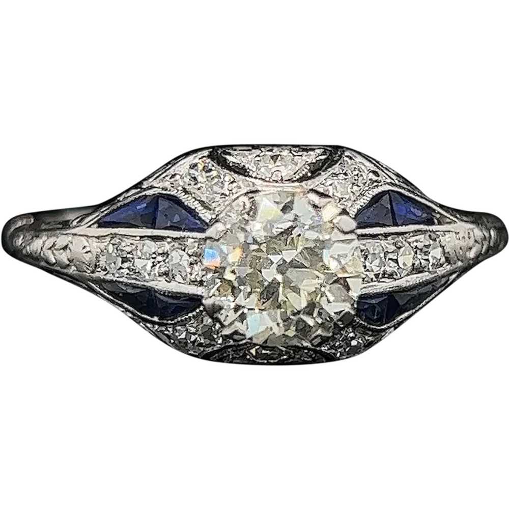 Art Deco .92ct. Diamond & Sapphire Engagement - F… - image 1