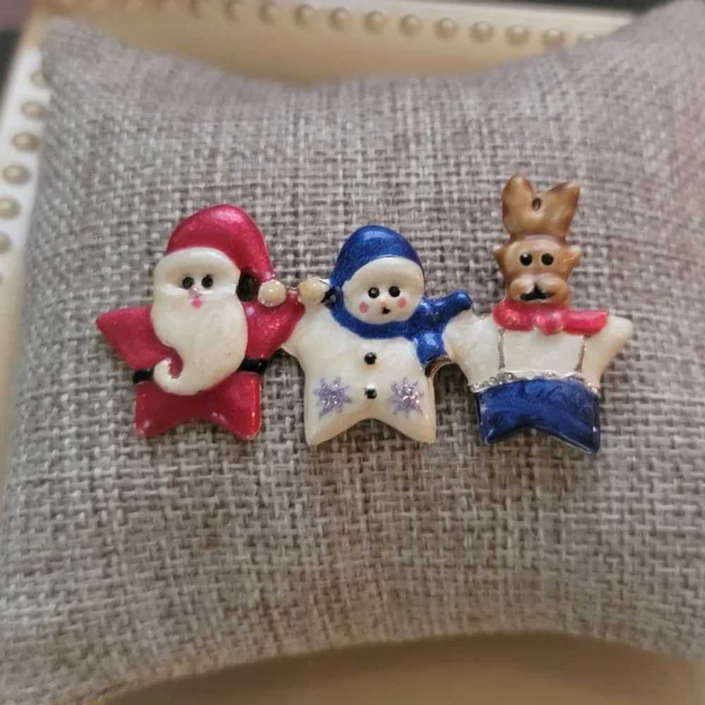 Whimsical Santa Snowman Reindeer Trio Enameled Br… - image 4