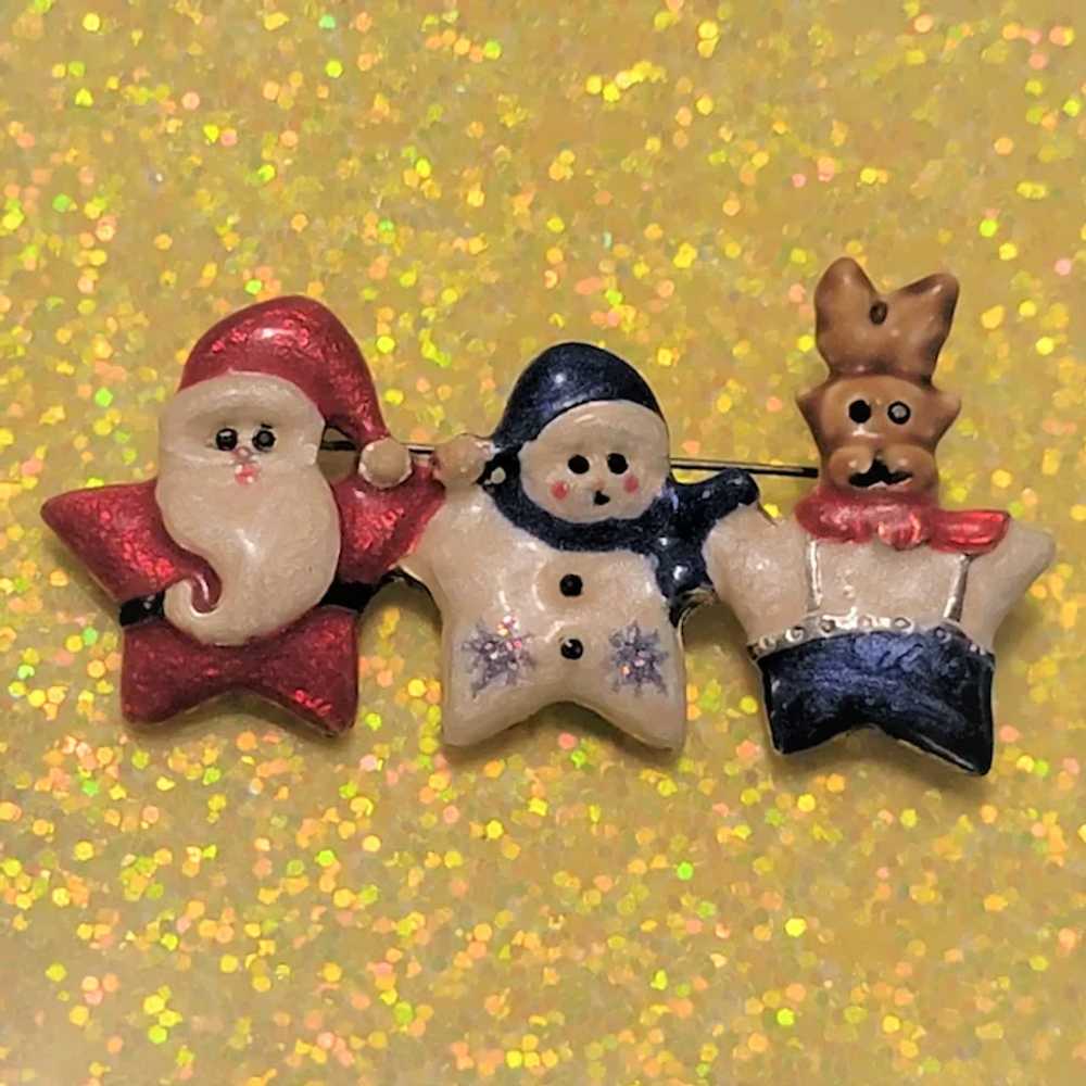 Whimsical Santa Snowman Reindeer Trio Enameled Br… - image 5