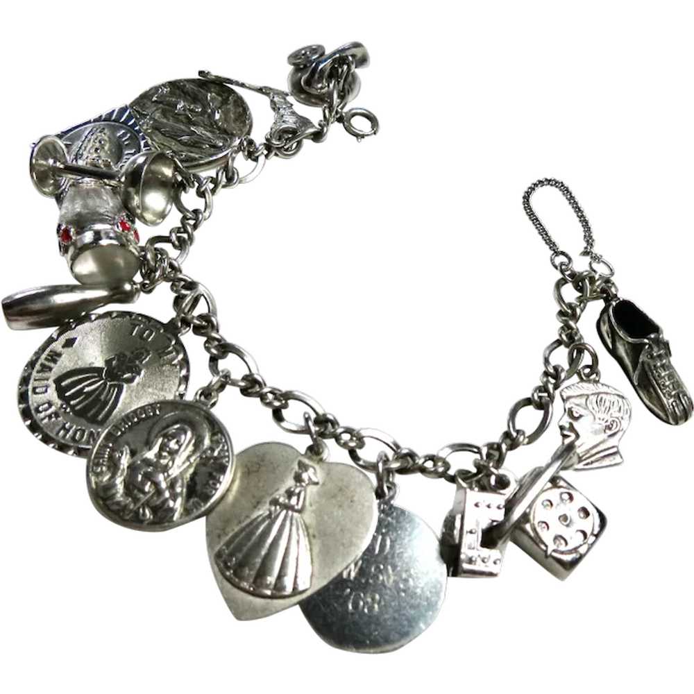 1960's Sterling 15 Charm Bracelet JFK Drum Cape C… - image 1