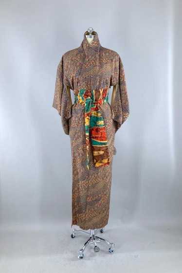 Vintage Navy & Green Silk Kimono Robe
