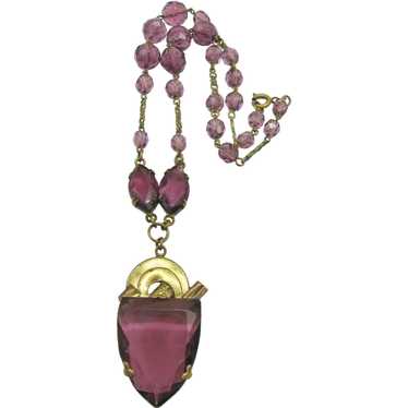 Vintage Art Deco Czech Brass and Purple Glass Nec… - image 1