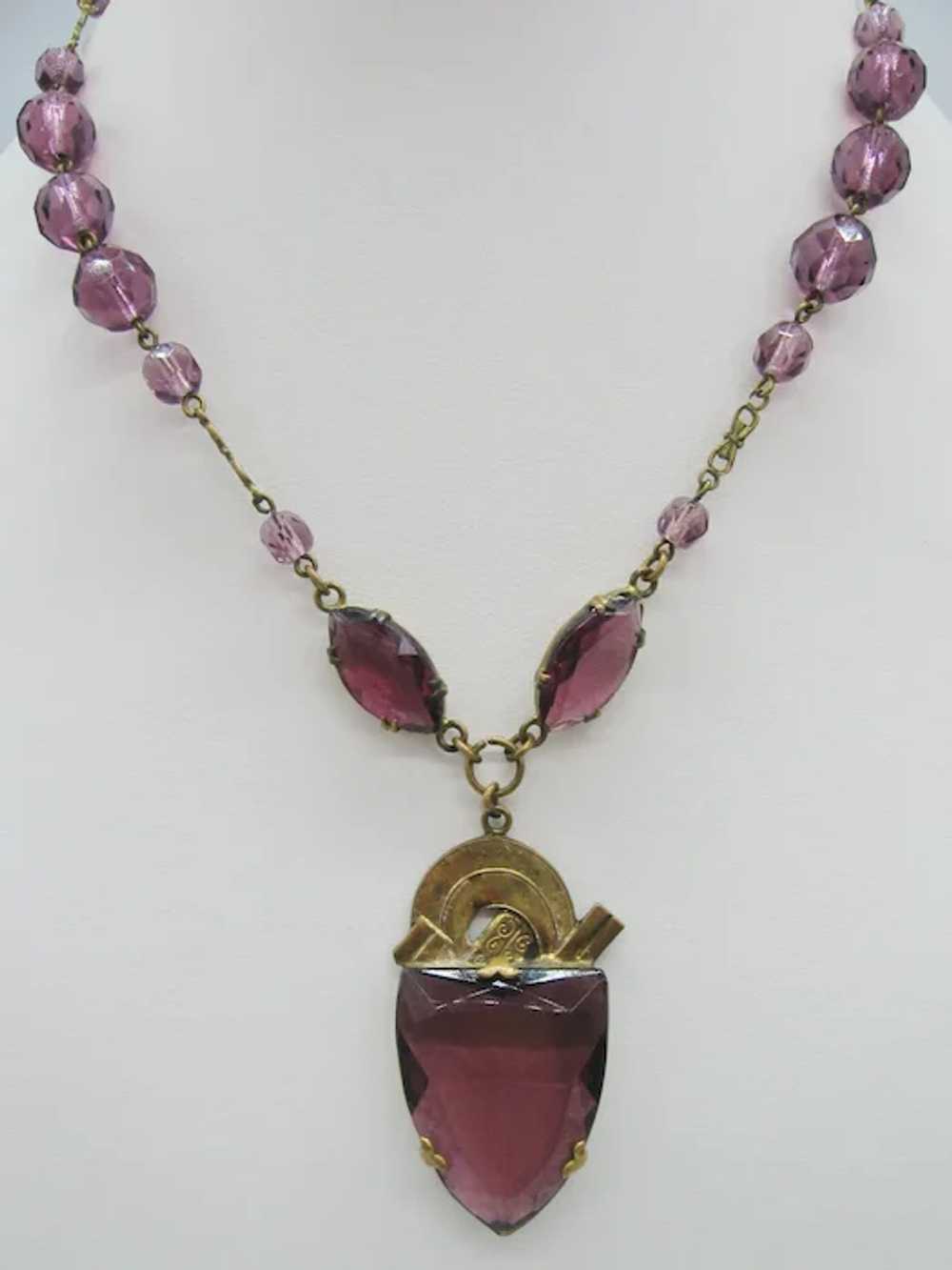 Vintage Art Deco Czech Brass and Purple Glass Nec… - image 2