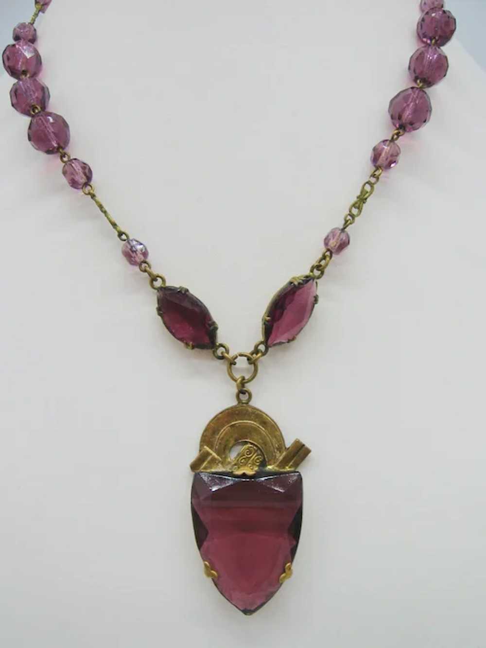 Vintage Art Deco Czech Brass and Purple Glass Nec… - image 6