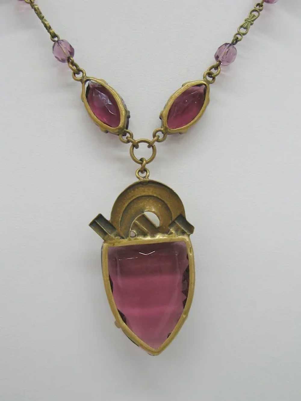 Vintage Art Deco Czech Brass and Purple Glass Nec… - image 7
