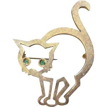 14k Yellow Gold and Emerald Cat Brooch - image 1