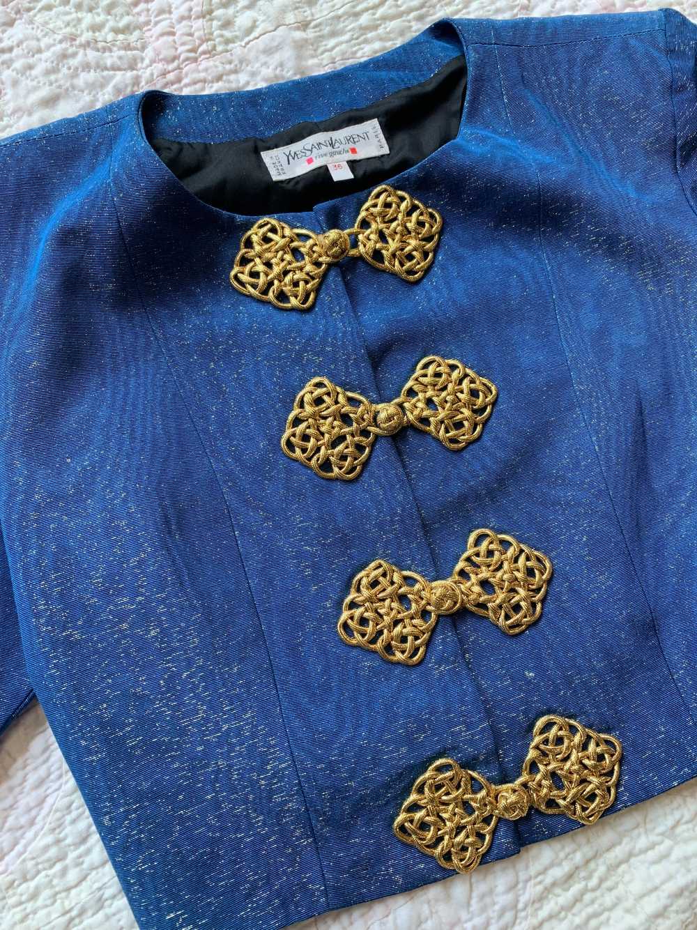 Blue Cropped Moiré Jacket | Yves Saint Laurent Ri… - image 8
